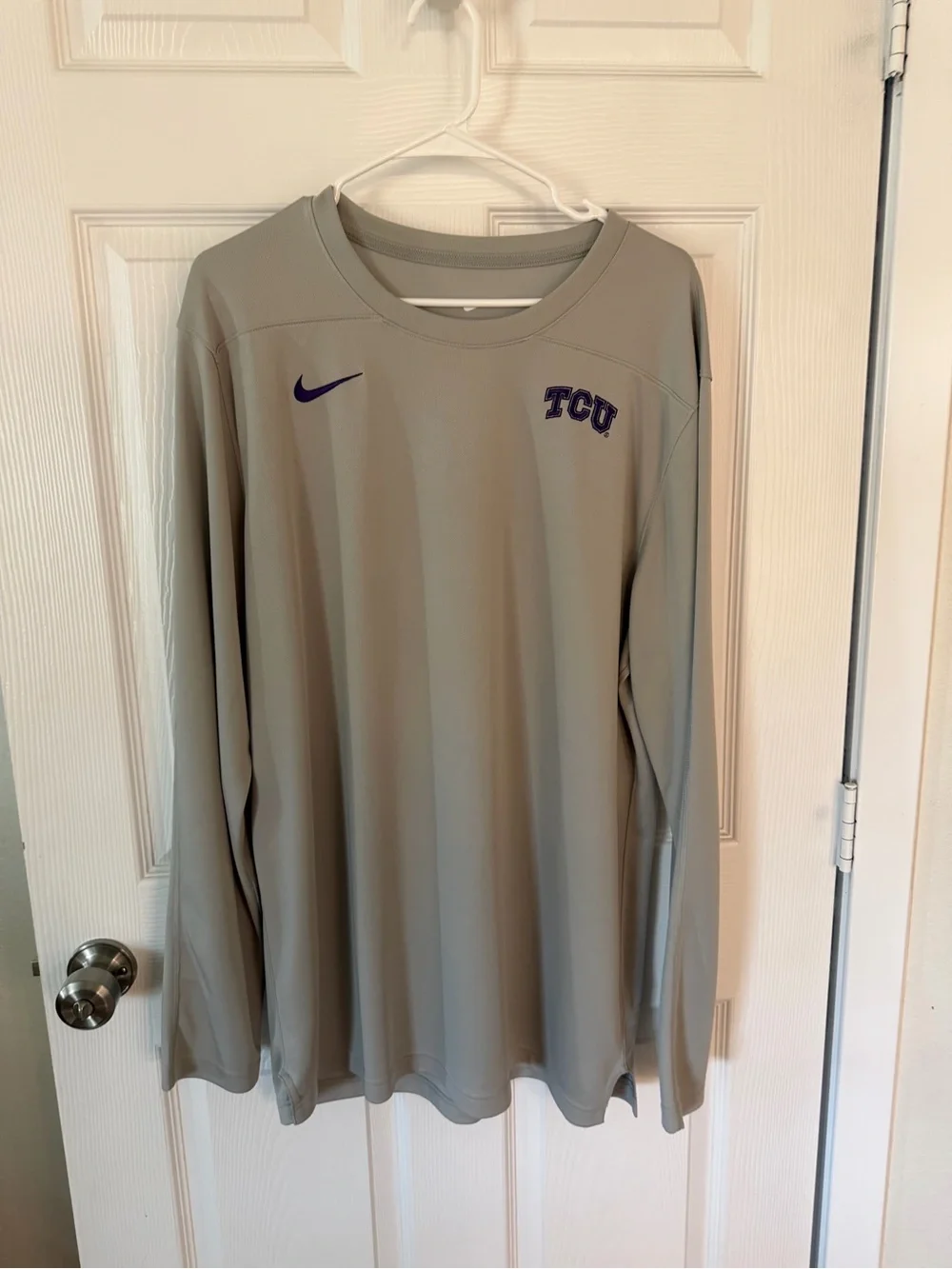 Nike Gray Long Sleeve TCU Athletic Shirt with Embroidered Logo and Nike Swoosh